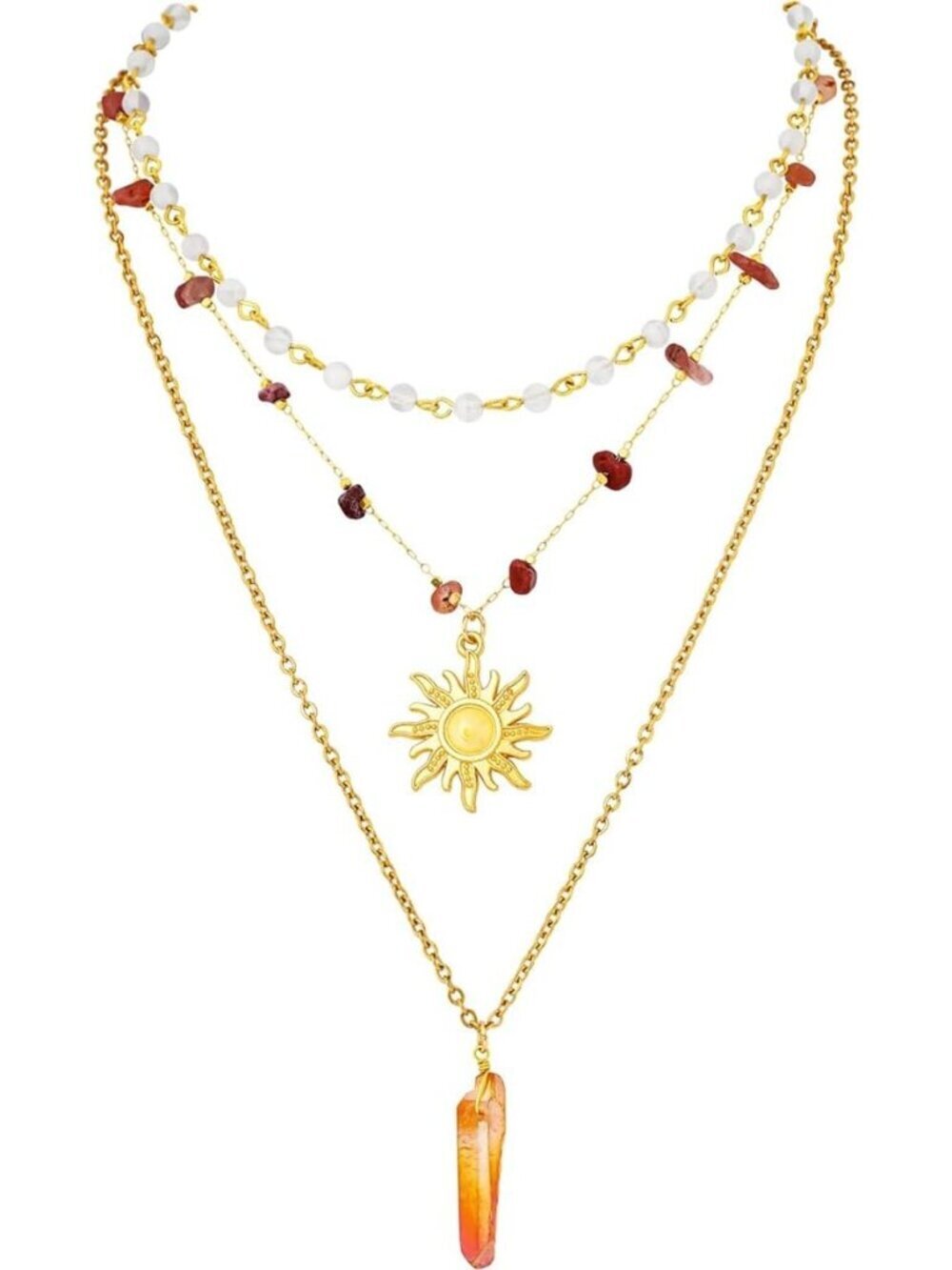 Women's Gold 4 Lobster Vintage Bohemian Unique Statement Sun Pendant Necklace